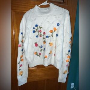 Francesca's Collections White Sweater with Floral Embroidery
